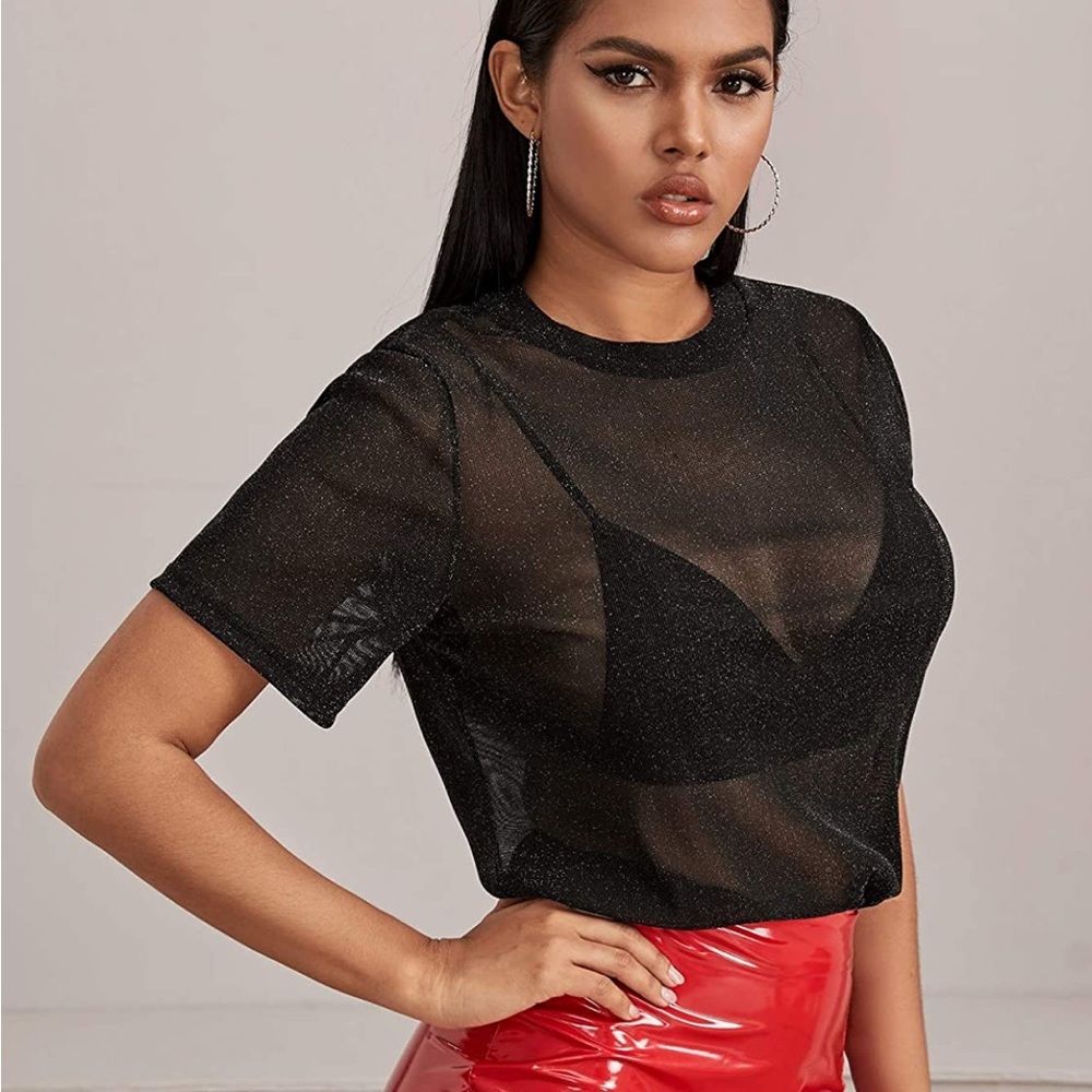 Short Sleeve Tops See Through Mesh Sheer Sexy T Shirt Blouse